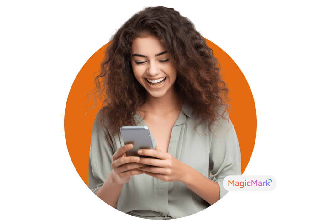 A woman using her phone, in orange cutout background