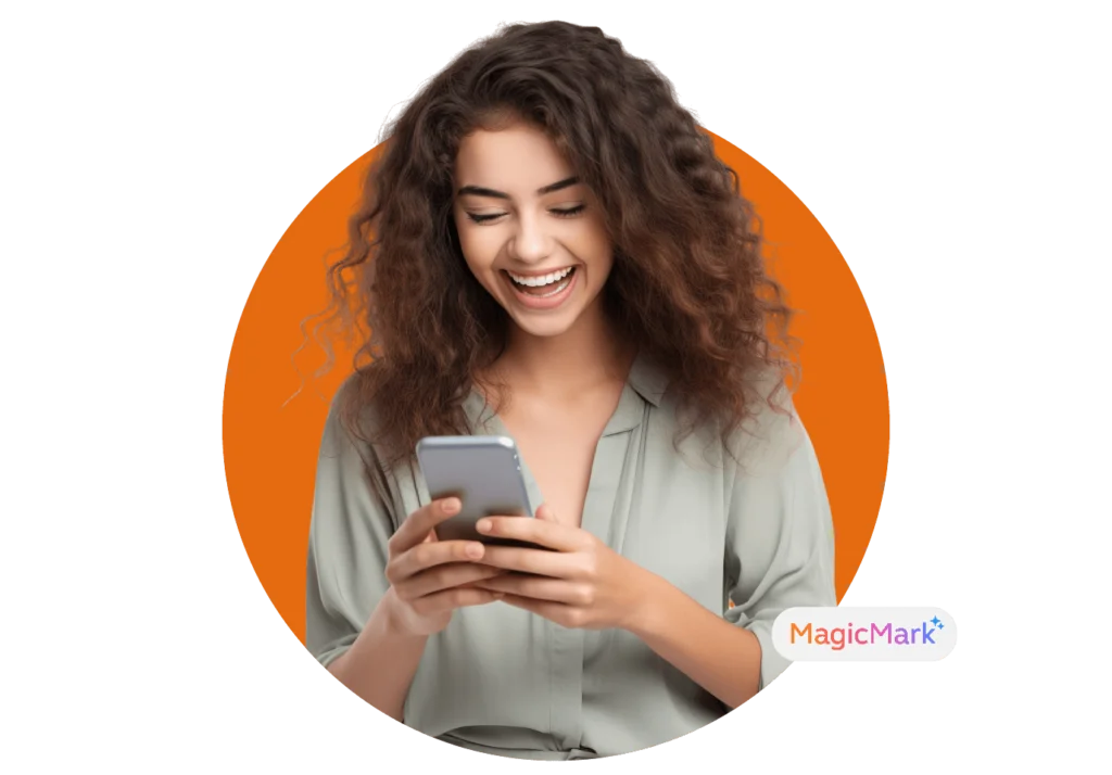 A woman using her phone, in orange cutout background