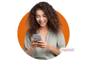 A woman using her phone, in orange cutout background